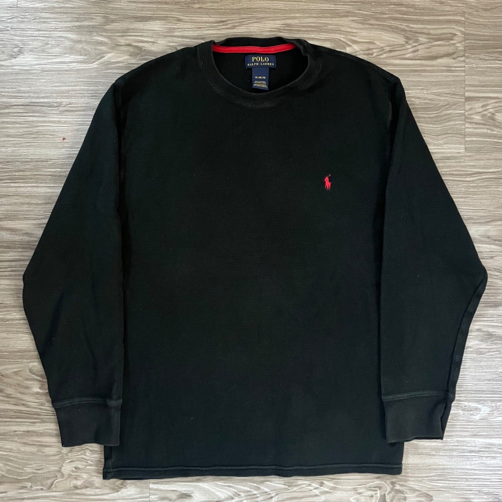 Polo Ralph Lauren Mens XL Waffle Knit Thermal Long Sleeve Shirt Black Red Pony